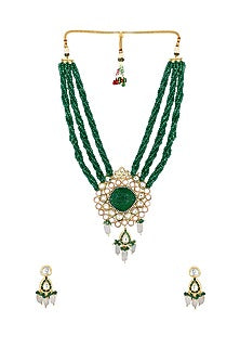 Micro Gold Finish Green Agate Long Necklace Set