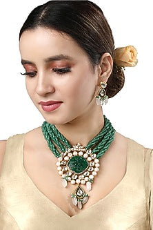 Micro Gold Finish Green Agate Long Necklace Set