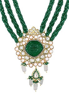 Micro Gold Finish Green Agate Long Necklace Set
