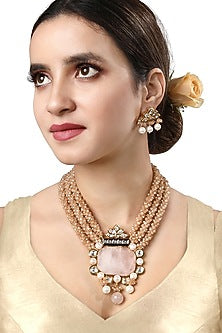 Micro Gold Finish Kundan Polki & Agate Long Necklace Set