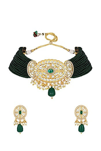 Gold Finish Kundan Polki & Agate Choker Necklace