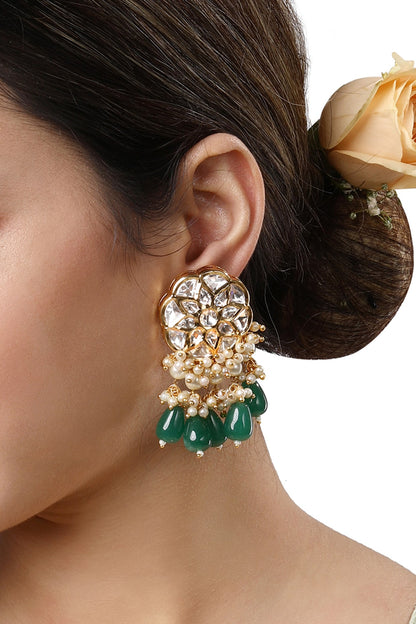 Gold Finish Kundan Polki & Onyx Tumble Dangler Earrings
