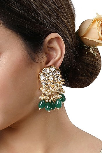 Gold Finish Kundan Polki & Onyx Tumble Dangler Earrings