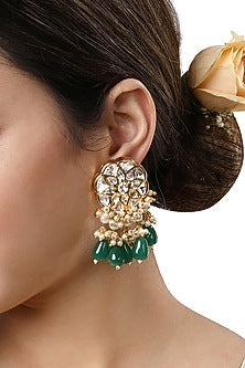 Gold Finish Kundan Polki & Onyx Tumble Dangler Earrings