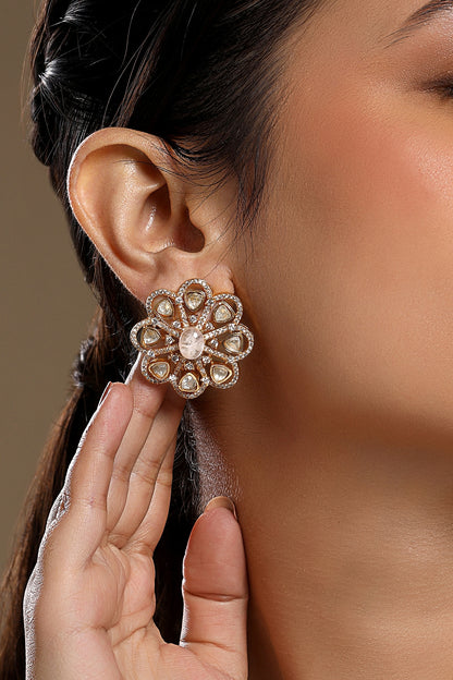 Micron Gold Finish Moissanite Kundan Polki & Cz Diamond Stud Earrings