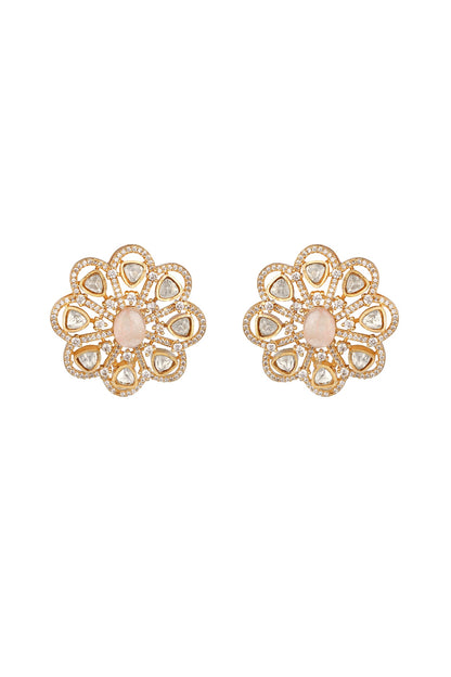 Micron Gold Finish Moissanite Kundan Polki & Cz Diamond Stud Earrings