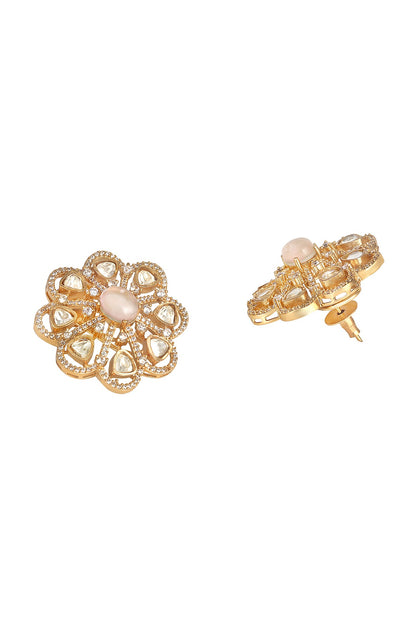 Micron Gold Finish Moissanite Kundan Polki & Cz Diamond Stud Earrings