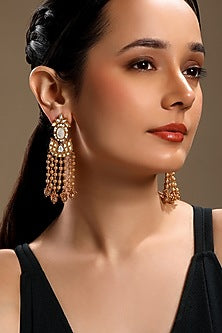 Micron Gold Finish Moissanite Kundan Polki & Mother of Pearl Enameled Dangler Earrings