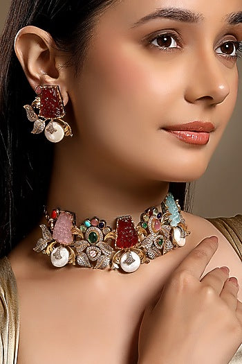 Micron Gold Finish Moissanite Kundan Polki & Carved Onyx Choker Necklace Set