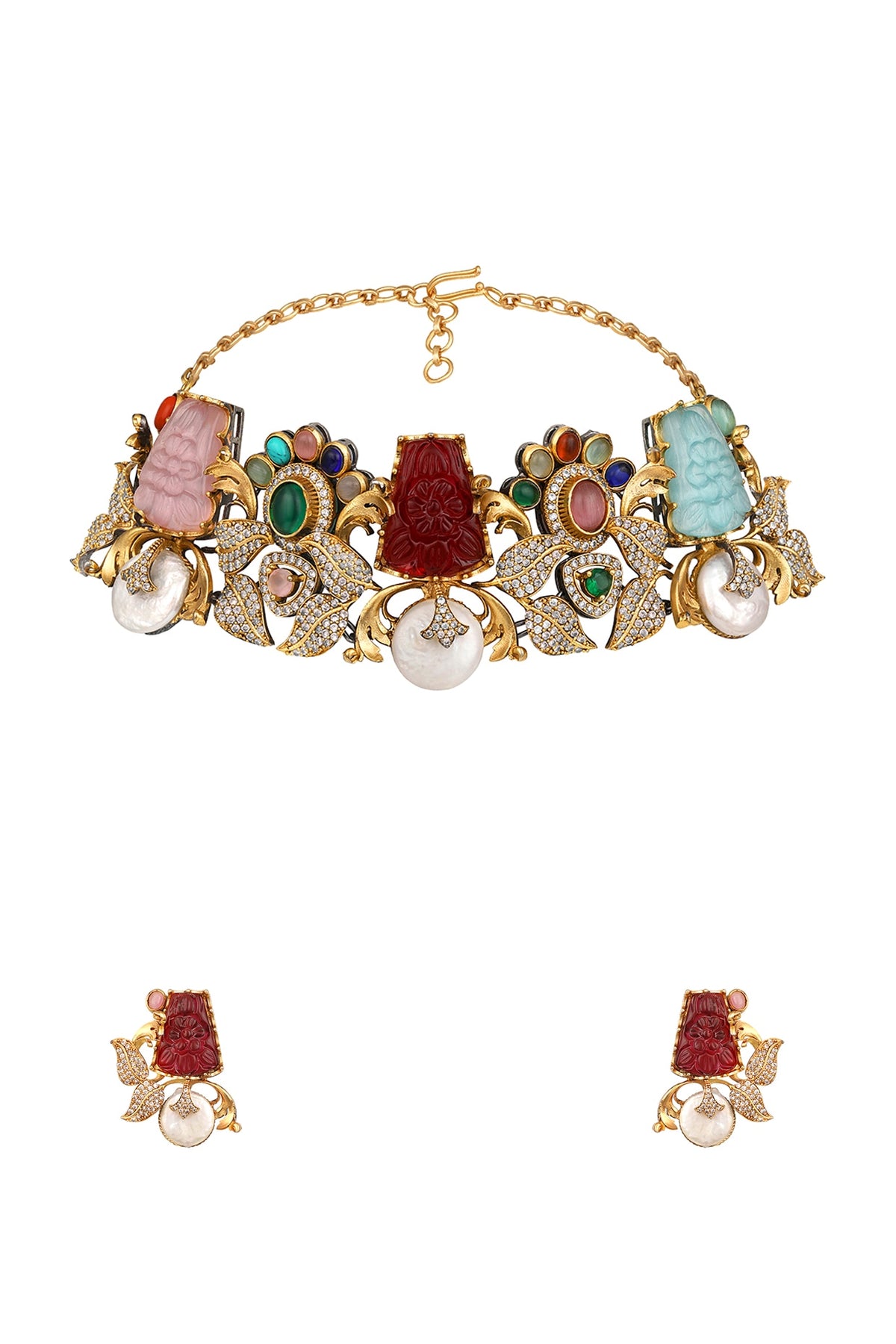 Micron Gold Finish Moissanite Kundan Polki & Carved Onyx Choker Necklace Set