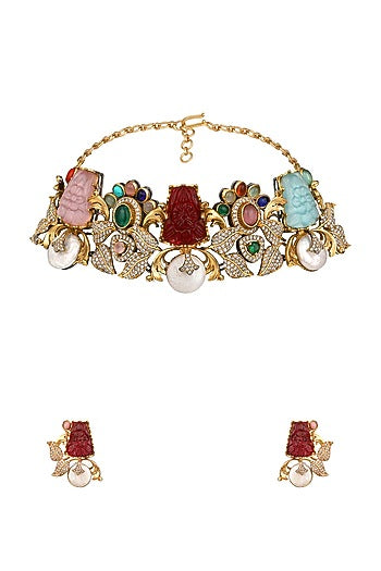Micron Gold Finish Moissanite Kundan Polki & Carved Onyx Choker Necklace Set
