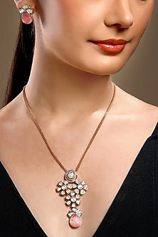Micron Gold Finish Moissanite Kundan Polki & Pink Carved Onyx Long Necklace Set