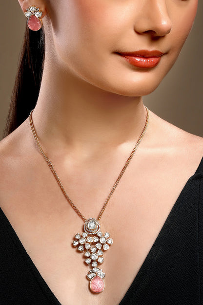Micron Gold Finish Moissanite Kundan Polki & Pink Carved Onyx Long Necklace Set