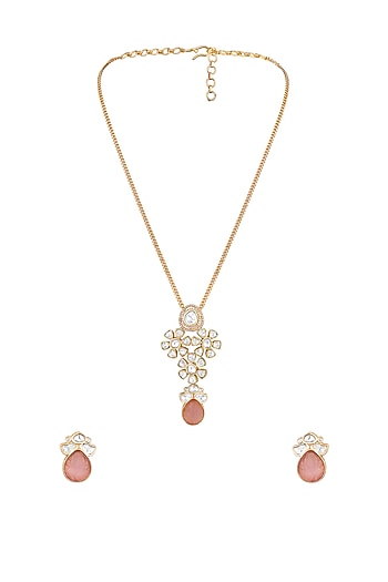 Micron Gold Finish Moissanite Kundan Polki & Pink Carved Onyx Long Necklace Set