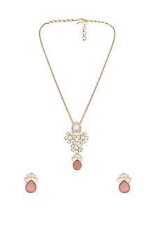 Micron Gold Finish Moissanite Kundan Polki & Pink Carved Onyx Long Necklace Set