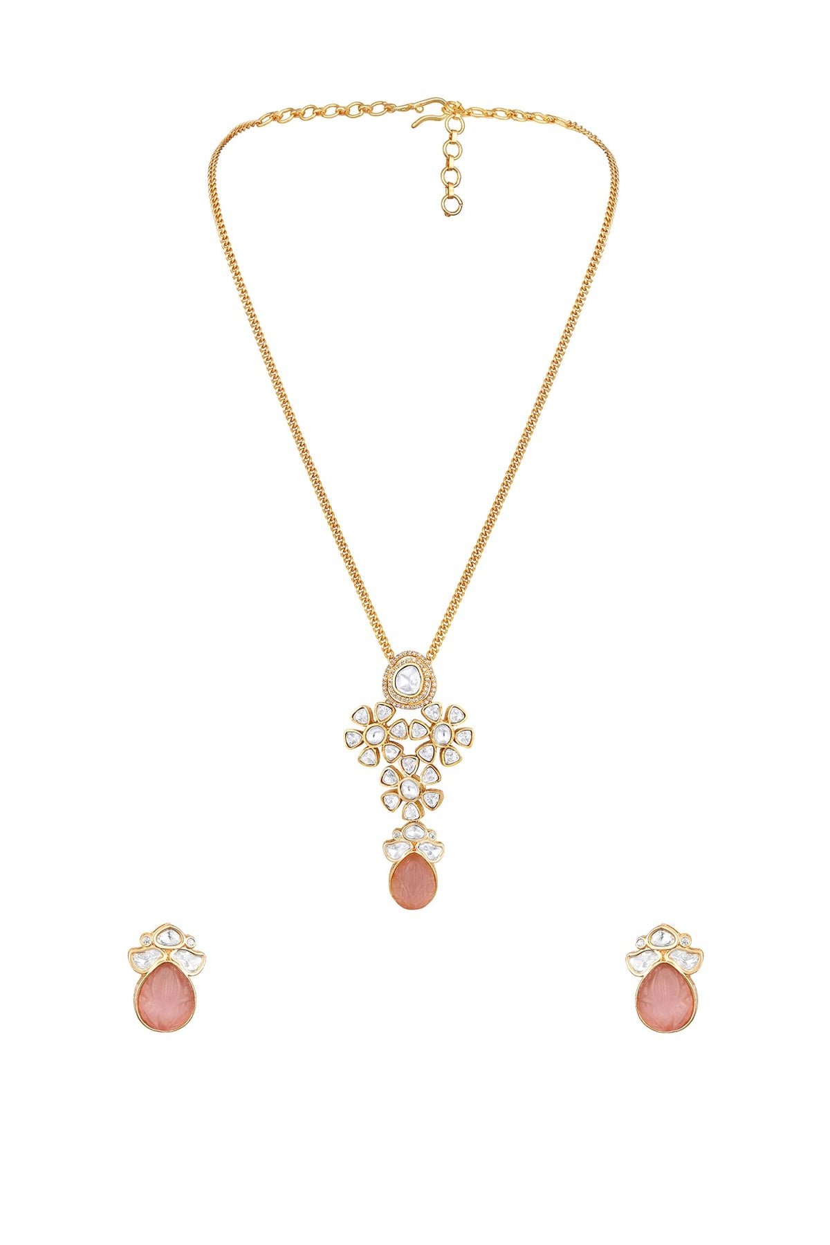 Micron Gold Finish Moissanite Kundan Polki & Pink Carved Onyx Long Necklace Set