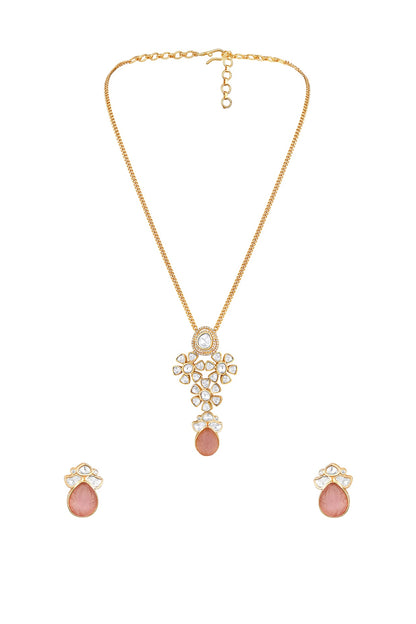 Micron Gold Finish Moissanite Kundan Polki & Pink Carved Onyx Long Necklace Set