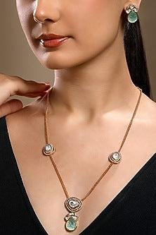 Micron Gold Finish Moissanite Kundan Polki & Mint Carved Onyx Long Necklace Set