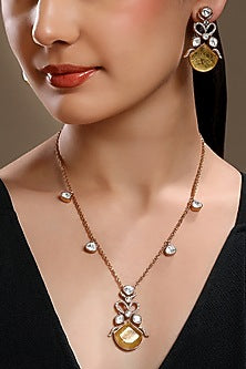 Micron Gold Finish Moissanite Kundan Polki & Cz Diamond Long Necklace Set
