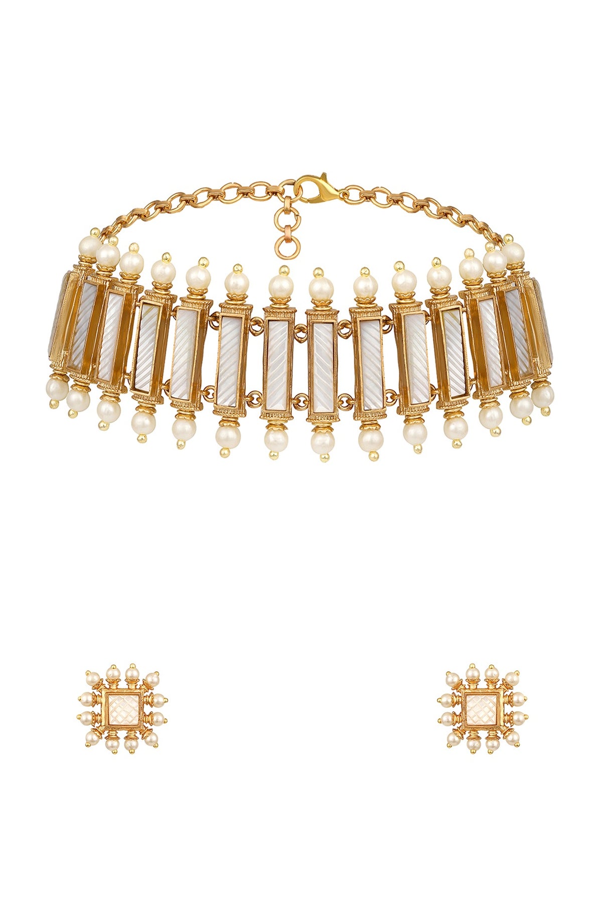 Micron Gold Finish Mother Of Pearl Choker Necklace Set