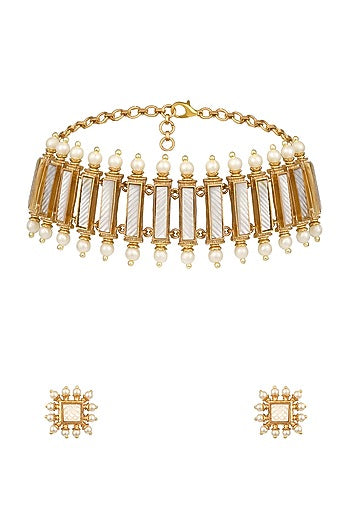 Micron Gold Finish Mother Of Pearl Choker Necklace Set
