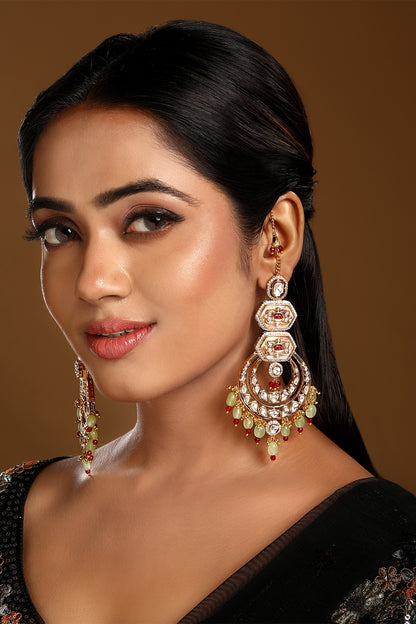 Micron Gold Finish Kundan Polki & Agatte Stone Enameled Chandbali Eachain