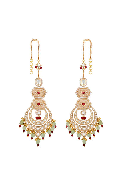 Micron Gold Finish Kundan Polki & Agatte Stone Enameled Chandbali Eachain