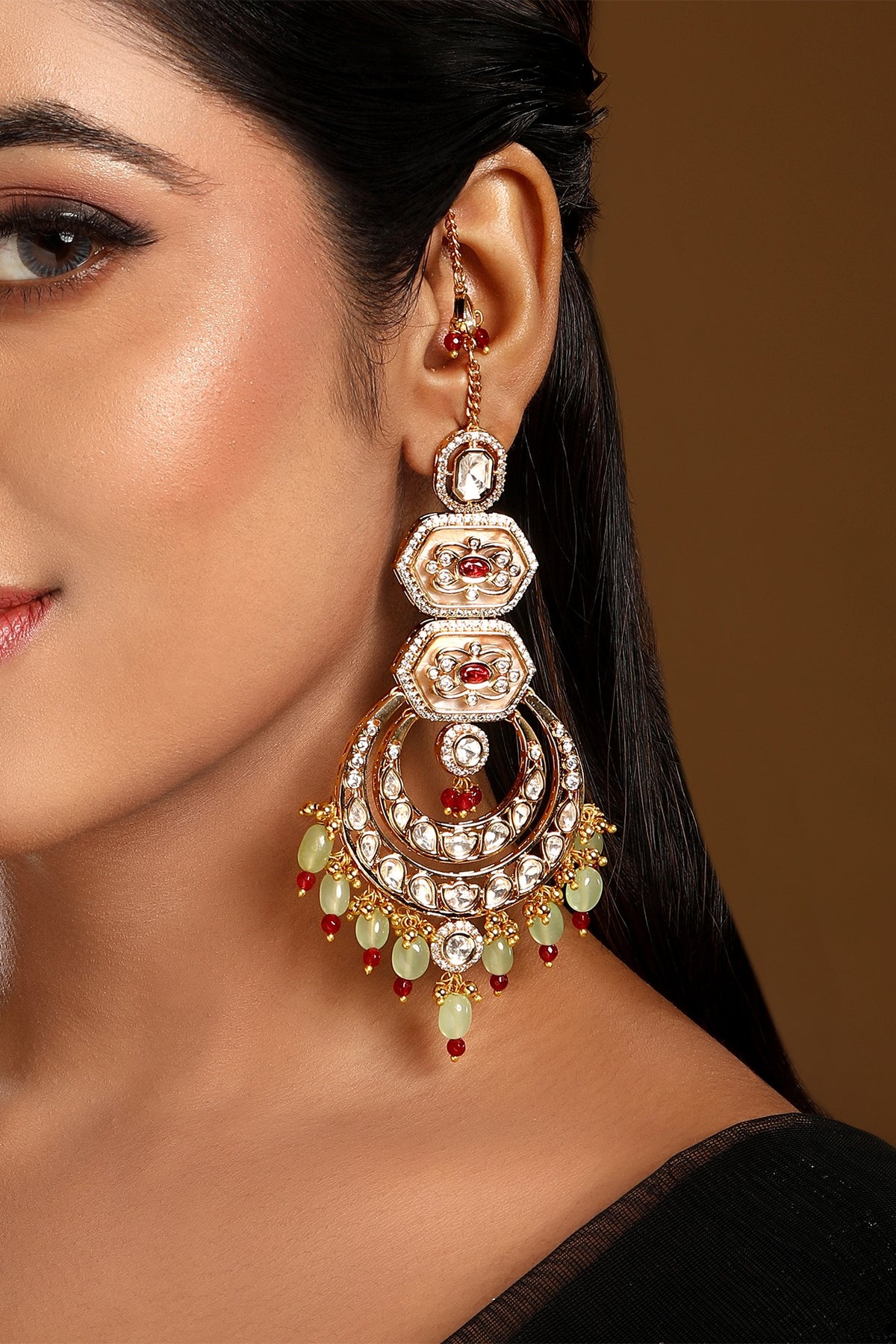 Micron Gold Finish Kundan Polki & Agatte Stone Enameled Chandbali Eachain