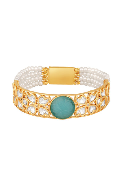 Gold Finish Kundan Polki & Green Onyx Tumble Handcrafted Bracelet
