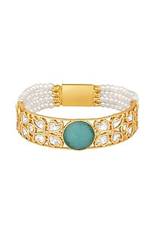 Gold Finish Kundan Polki & Green Onyx Tumble Handcrafted Bracelet