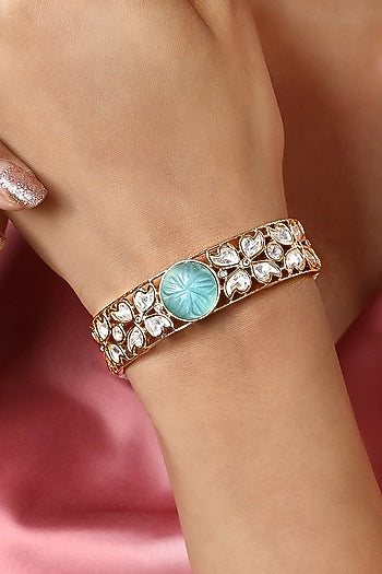 Gold Finish Kundan Polki & Green Onyx Tumble Handcrafted Bracelet