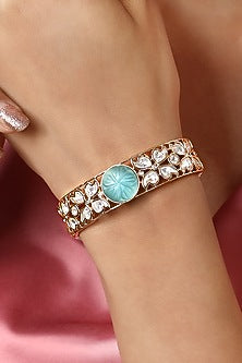 Gold Finish Kundan Polki & Green Onyx Tumble Handcrafted Bracelet
