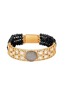 Gold Finish Kundan Polki & Grey Onyx Tumble Handcrafted Bracelet