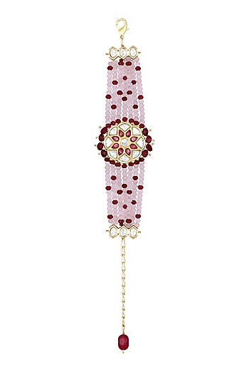 Gold Finish Pink Kundan Polki & Agates Stone Handcrafted Bracelet