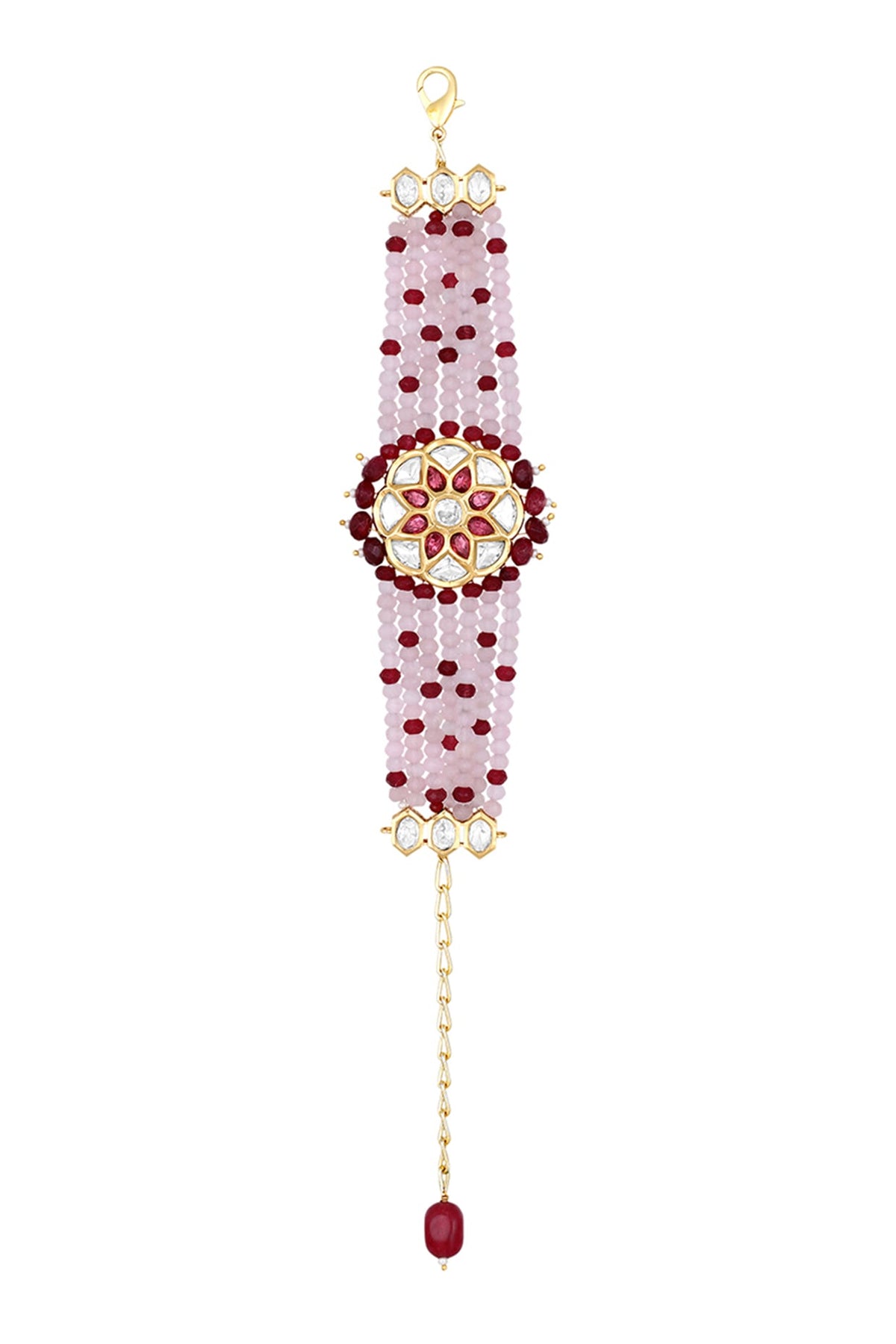 Gold Finish Pink Kundan Polki & Agates Stone Handcrafted Bracelet