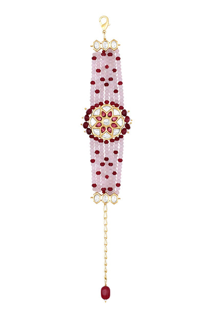 Gold Finish Pink Kundan Polki & Agates Stone Handcrafted Bracelet