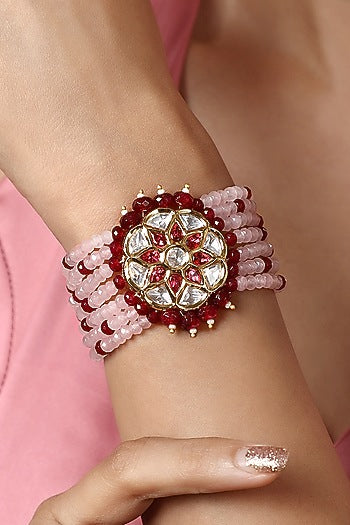 Gold Finish Pink Kundan Polki & Agates Stone Handcrafted Bracelet