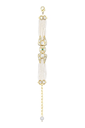 Gold Finish Cream Pearls & Kundan Polki Handcrafted Bracelet
