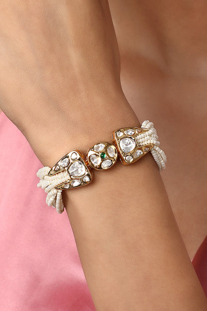 Gold Finish Cream Pearls & Kundan Polki Handcrafted Bracelet