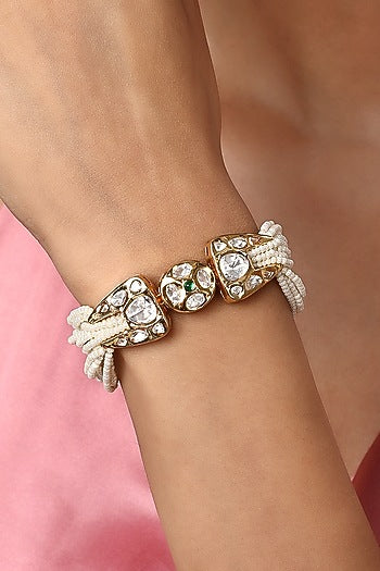 Gold Finish Cream Pearls & Kundan Polki Handcrafted Bracelet
