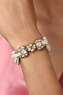 Gold Finish Cream Pearls & Kundan Polki Handcrafted Bracelet