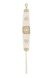Gold Finish Cream Pearls & Kundan Polki Handcrafted Bracelet
