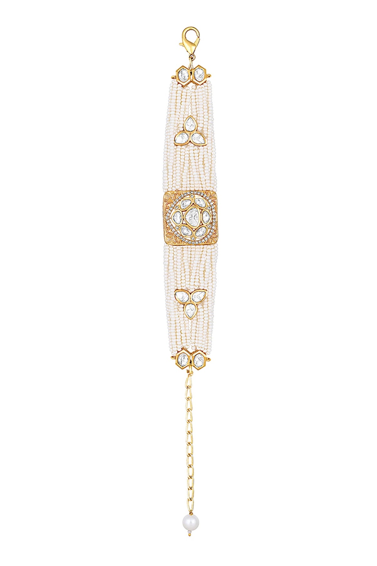 Gold Finish Cream Pearls & Kundan Polki Handcrafted Bracelet