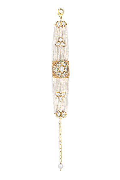 Gold Finish Cream Pearls & Kundan Polki Handcrafted Bracelet