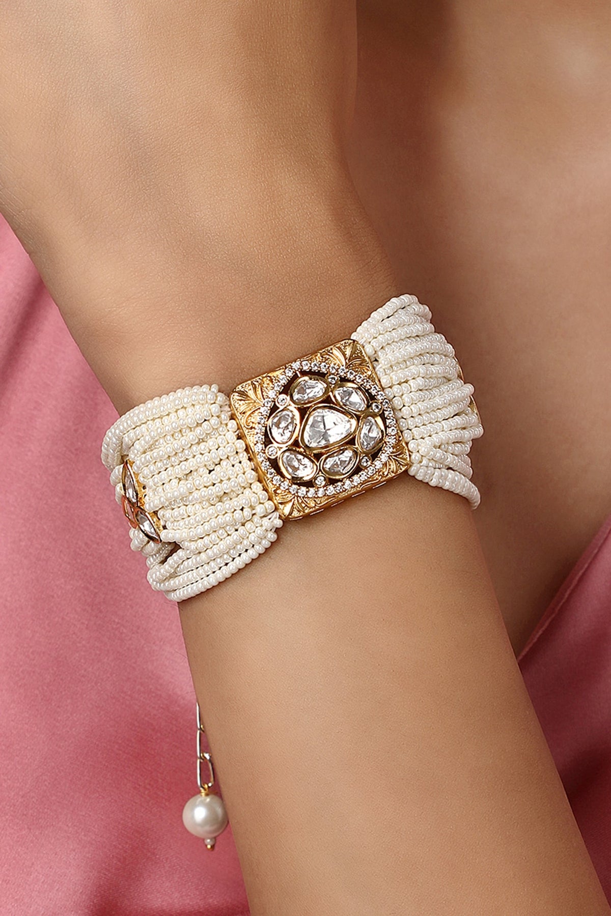 Gold Finish Cream Pearls & Kundan Polki Handcrafted Bracelet