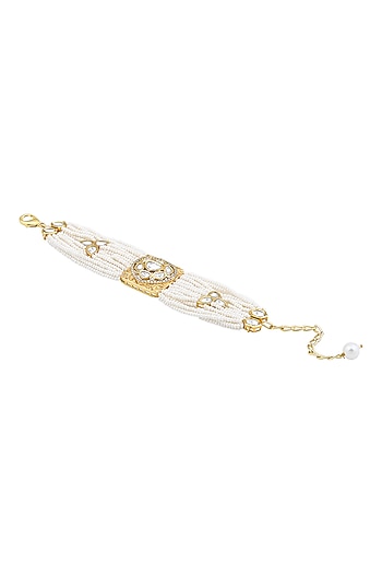 Gold Finish Cream Pearls & Kundan Polki Handcrafted Bracelet