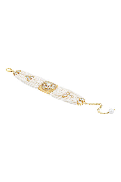 Gold Finish Cream Pearls & Kundan Polki Handcrafted Bracelet