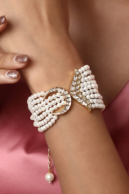 Gold Finish Cream Pearls & Kundan Polki Handcrafted Bracelet