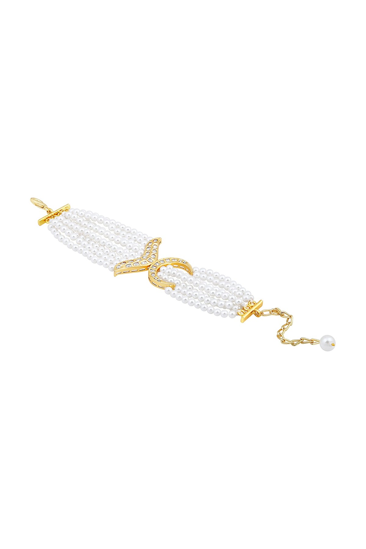 Gold Finish Cream Pearls & Kundan Polki Handcrafted Bracelet