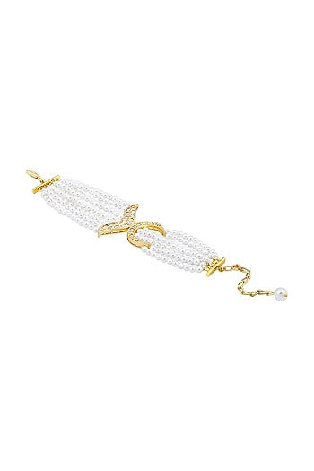 Gold Finish Cream Pearls & Kundan Polki Handcrafted Bracelet